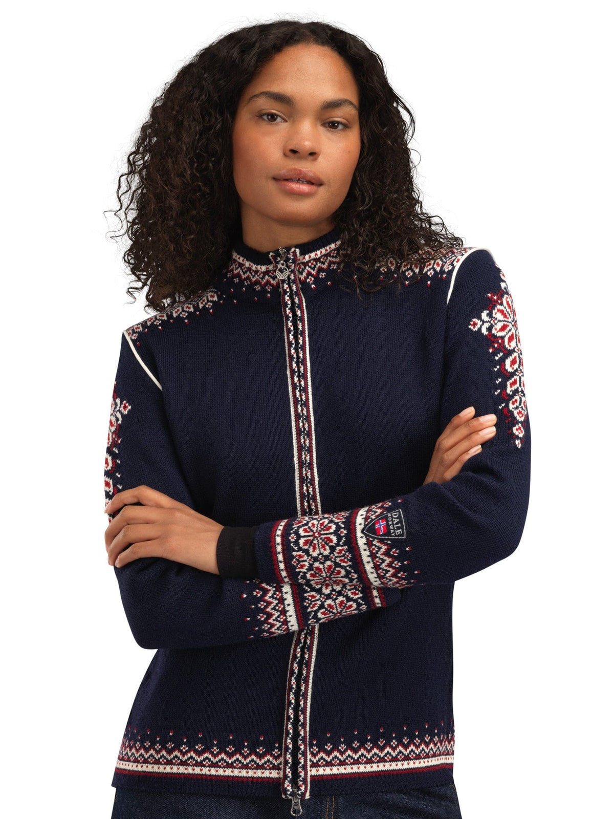 Dale of Norway 140th Anniversary Women’s Wool Jacket  NAVY RED ROSE OFF WHITE