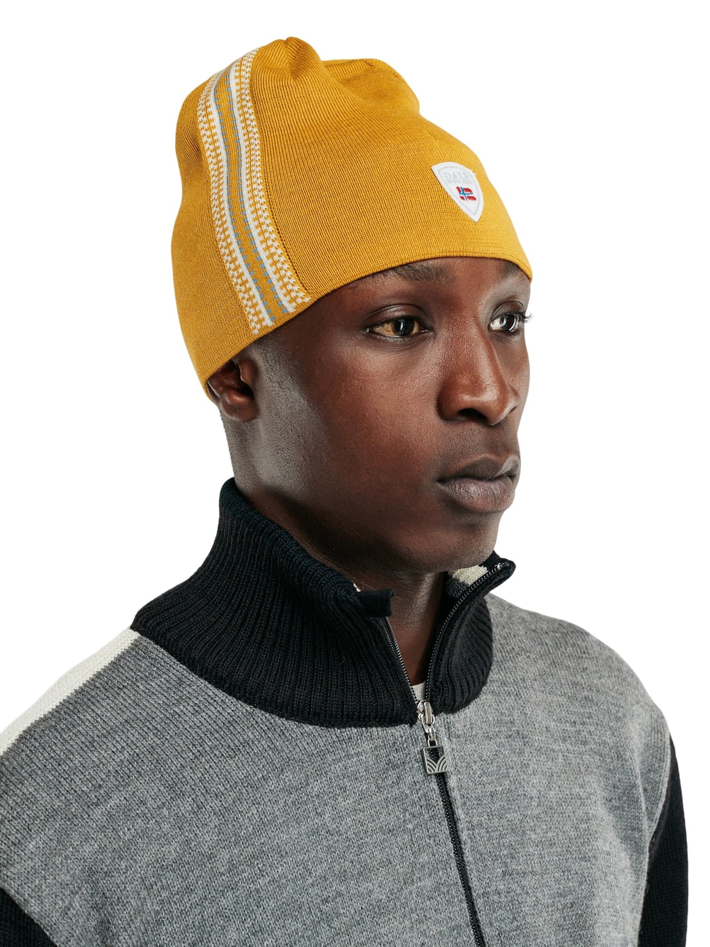 Dale of Norway Mount Olympus unisex merino wool hat Mustard Offwhite Blueshadow