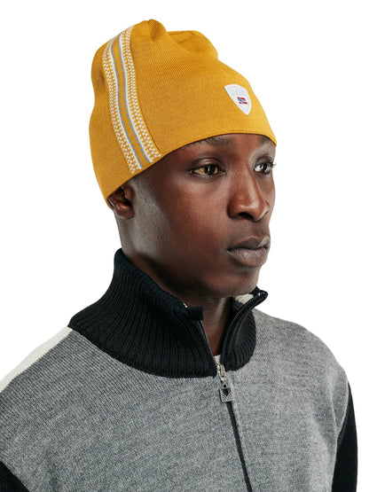 Dale of Norway Mount Olympus unisex merino wool hat Mustard Offwhite Blueshadow