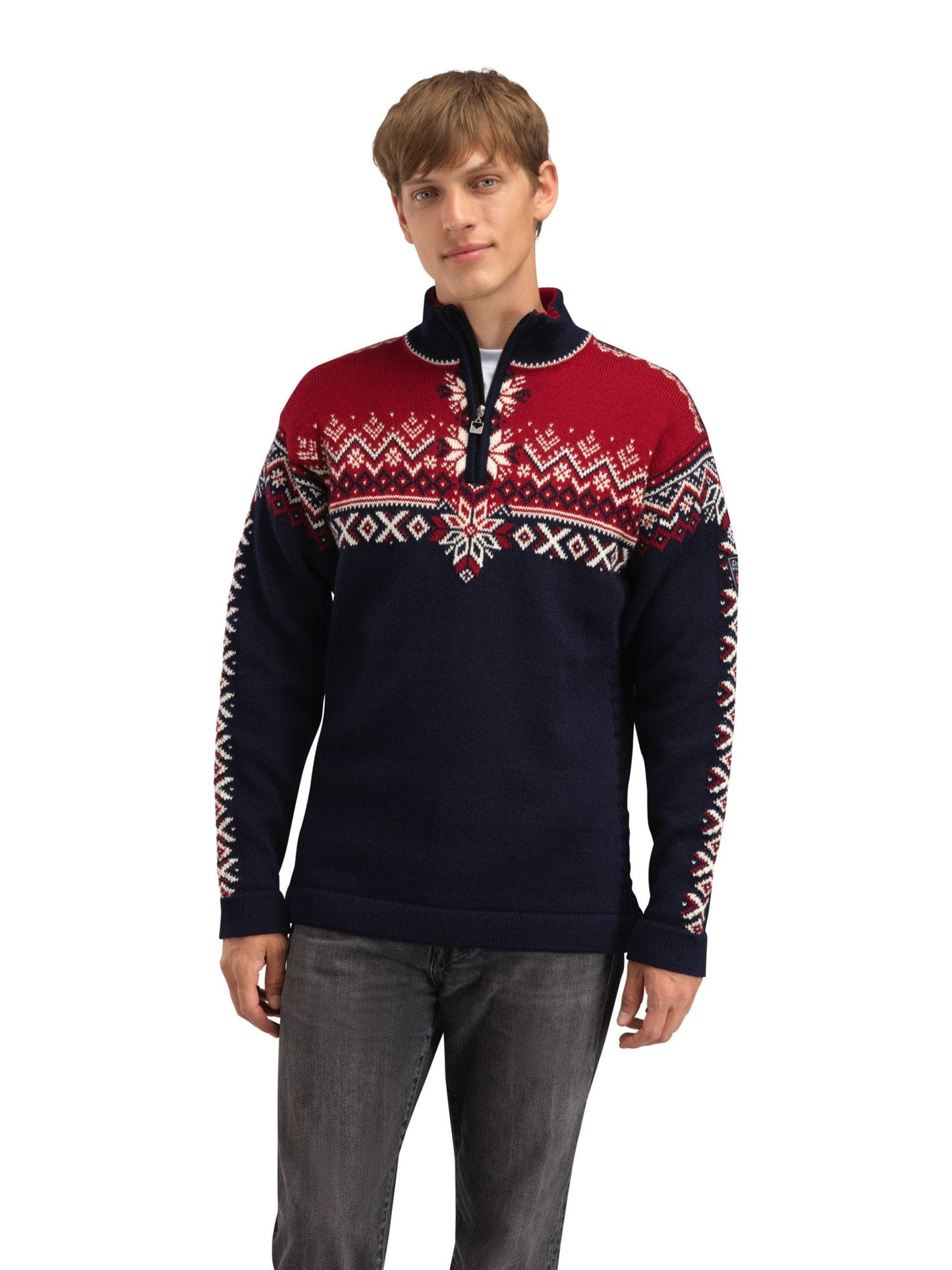 Dale of Norway 140th Anniversary Men’s Sweater - Norwegian Wool NAVY RED ROSE OFFWHITE