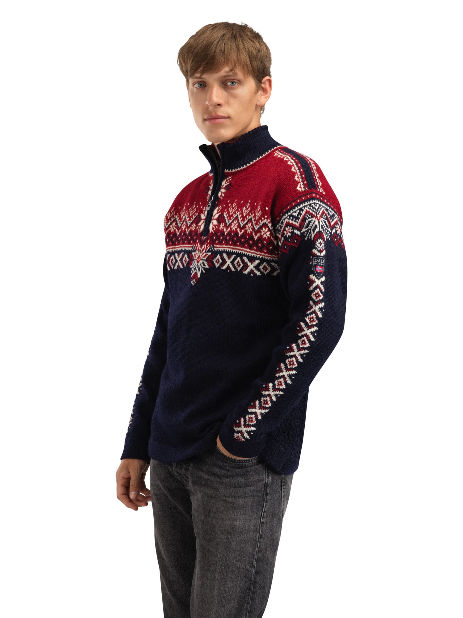 Dale of Norway 140th Anniversary Men’s Sweater - Norwegian Wool NAVY RED ROSE OFFWHITE